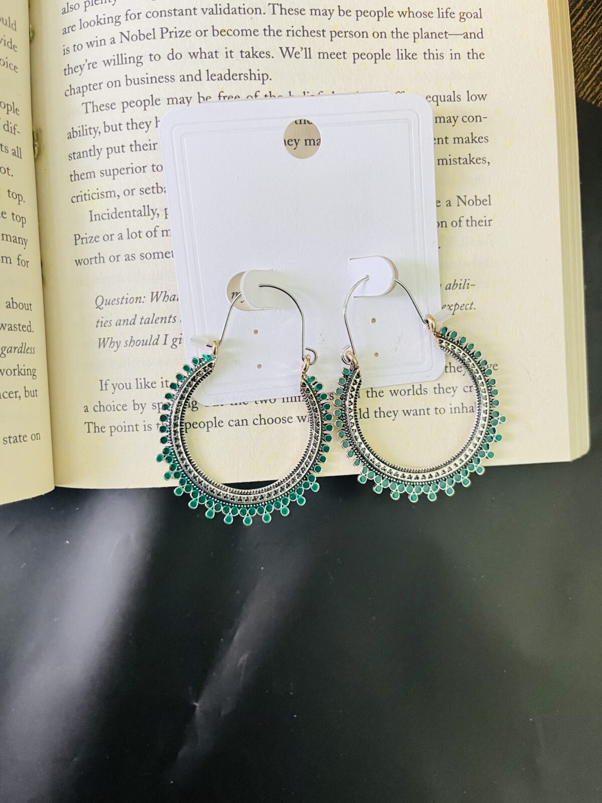 Large Oxidized Silver & Green Loop Earrings